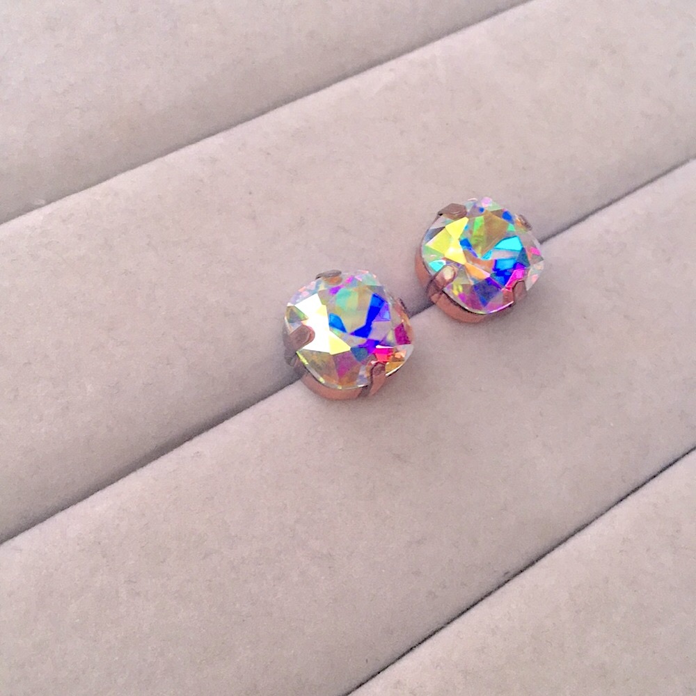 Aurora Borealis + Rose Gold Cushion Cut Crystal Earrings - Picture 4 of 6